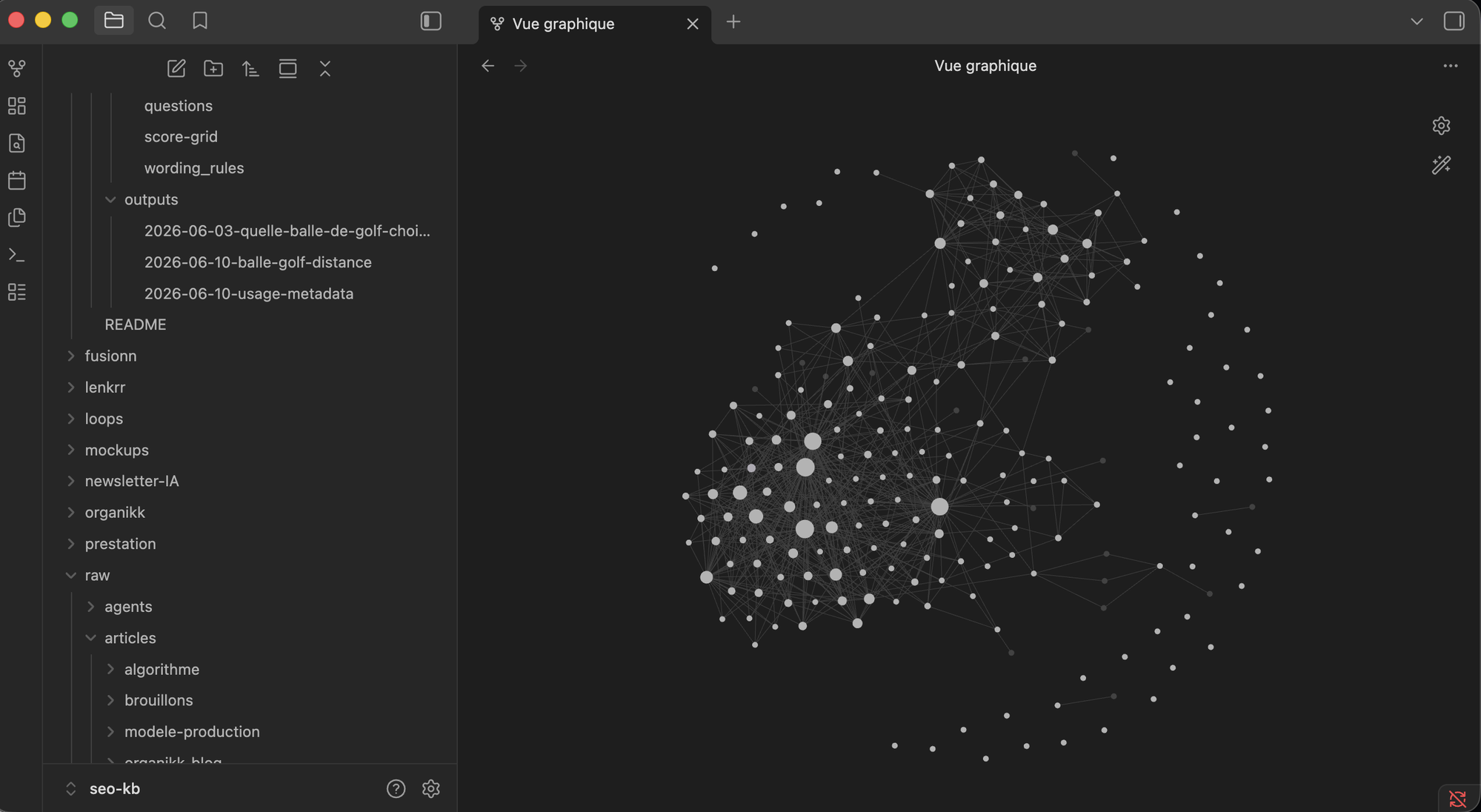 The SEO vault in Obsidian: the graph view of notes and their links